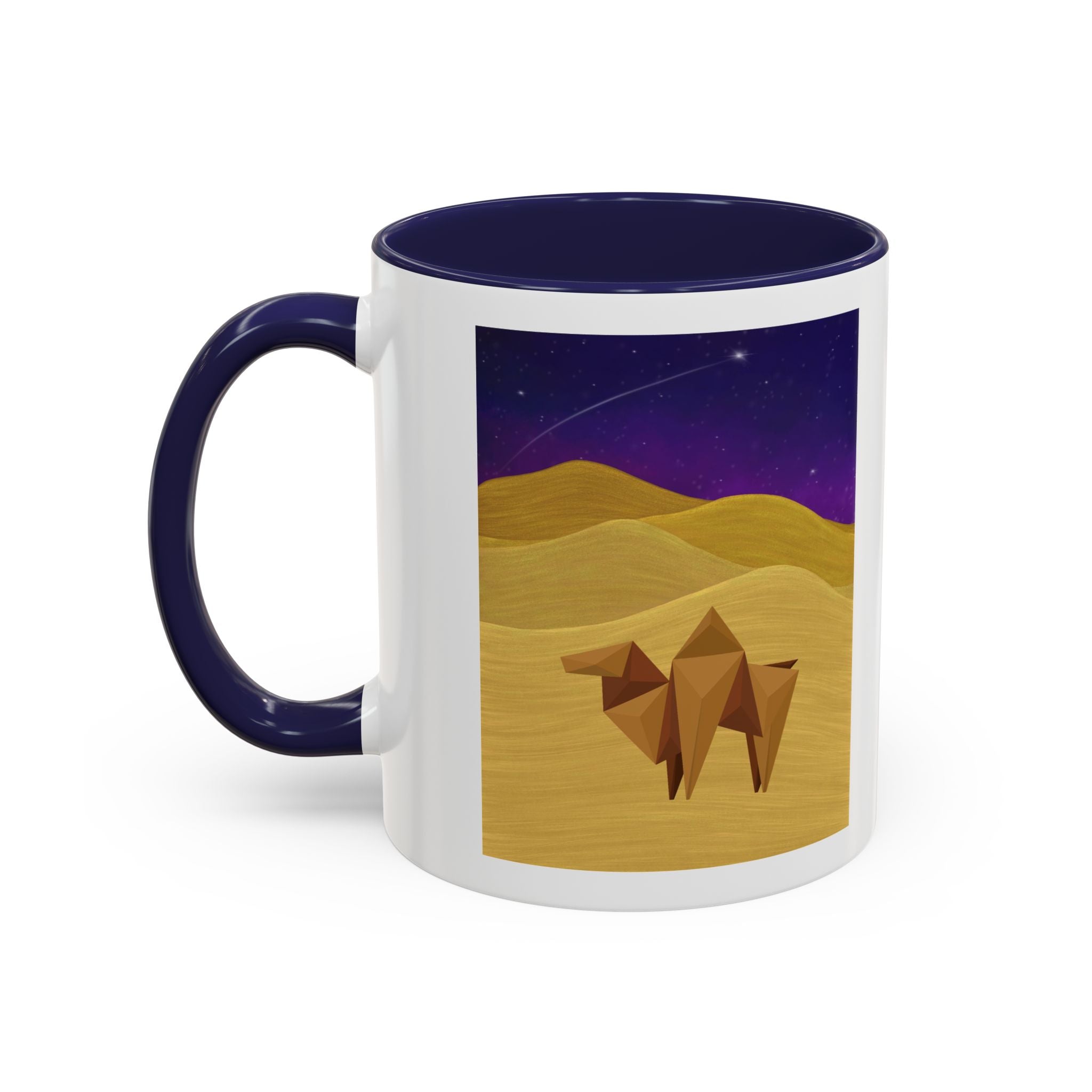 White coffee mug with blue handle and rim; camel and desert night sky artwork