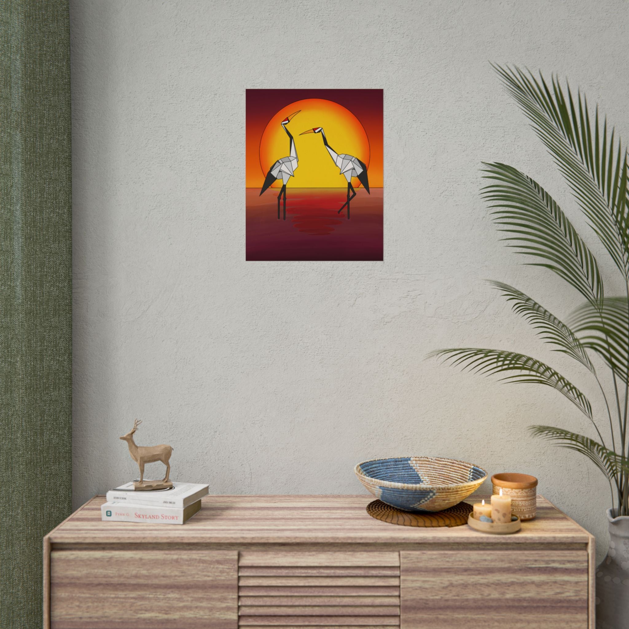 Small square sunset origami crane poster with two yellow cranes and orange circle