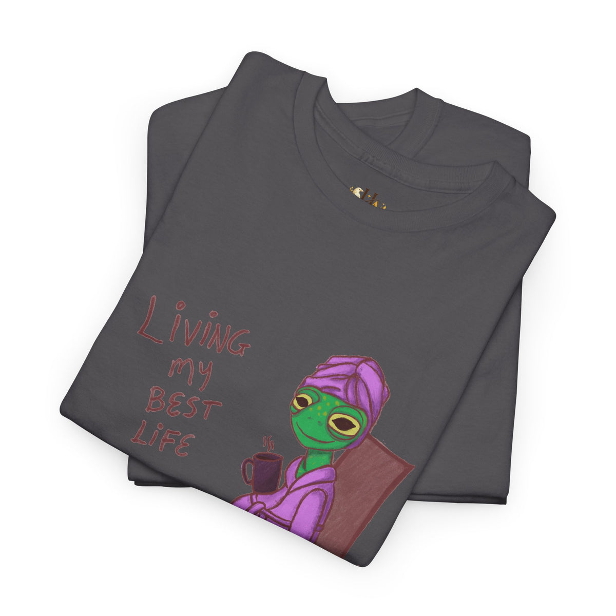 Charcoal graphic T-shirt with “Living my Best Life” text and illustrated character