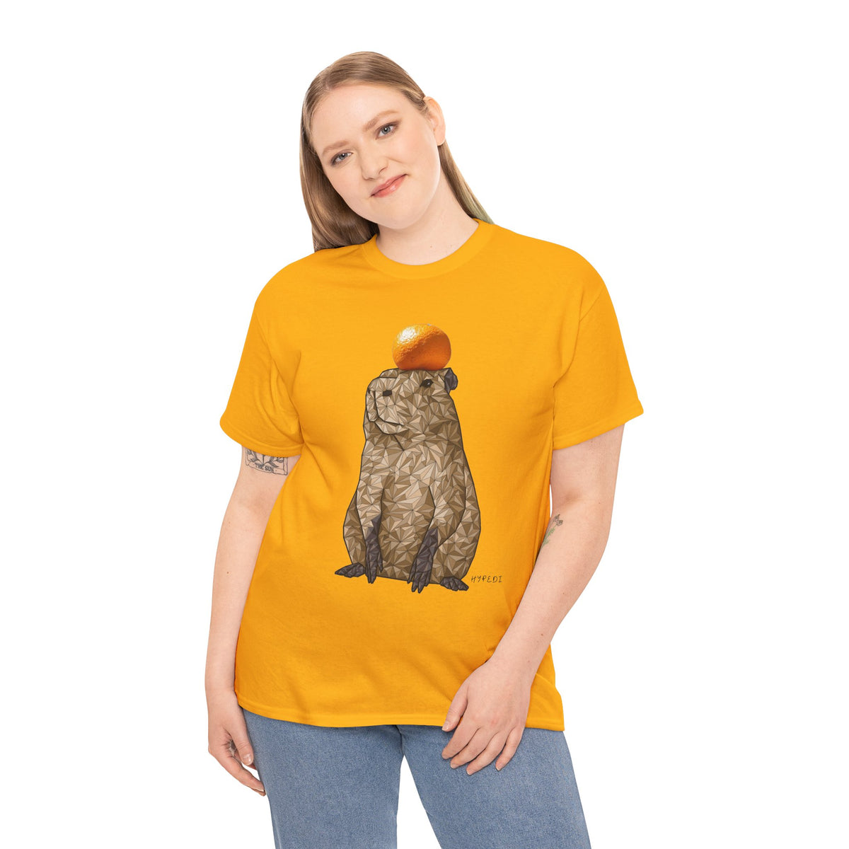 Unisex heavy cotton T-shirt, solid orange, capybara holding an orange graphic