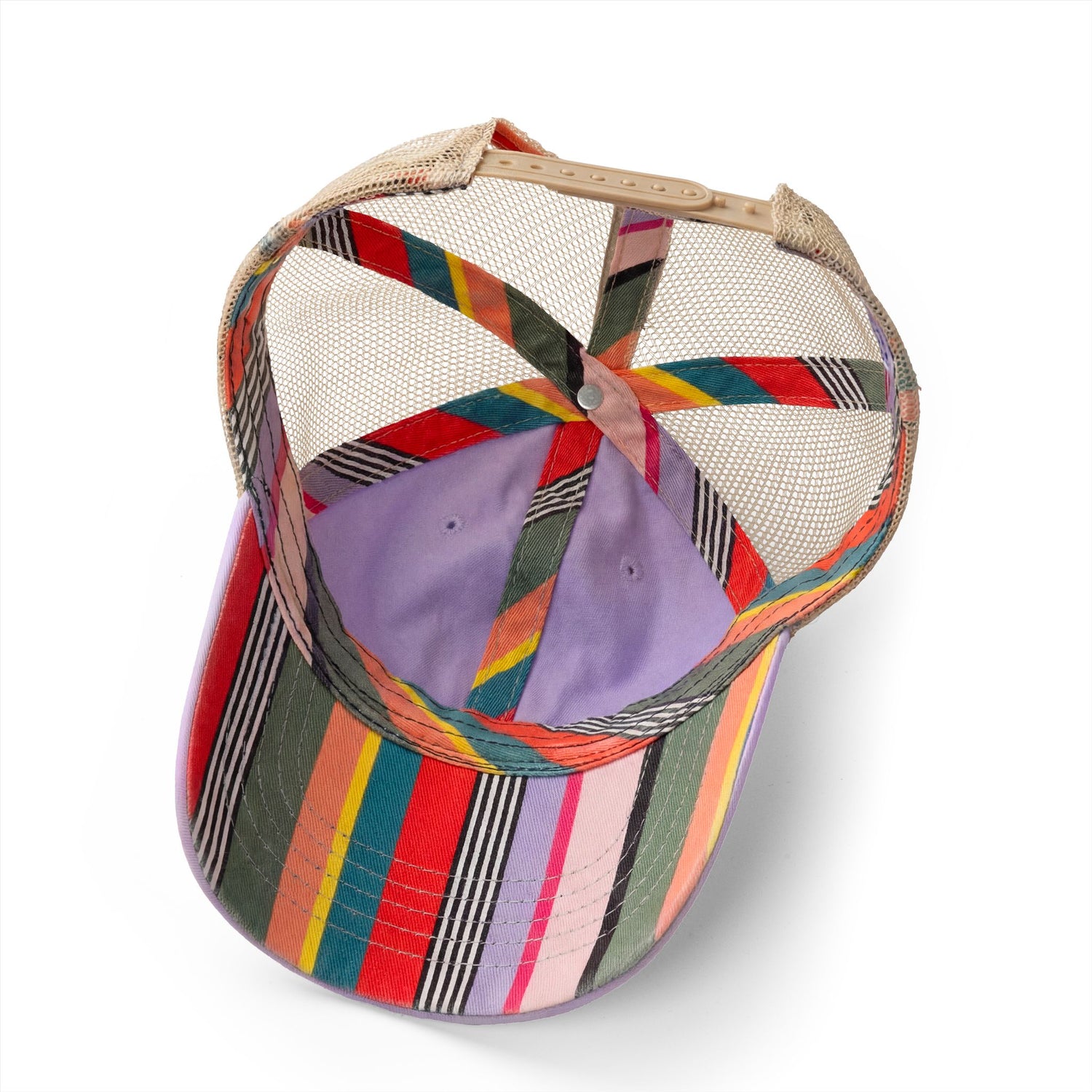 Washed mesh-back cap with colorful stripe and block patchwork panels