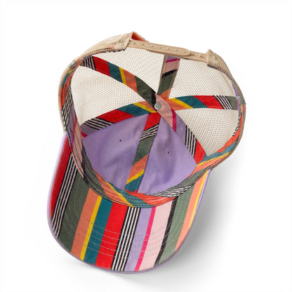 Washed mesh-back cap with colorful stripe and block patchwork panels