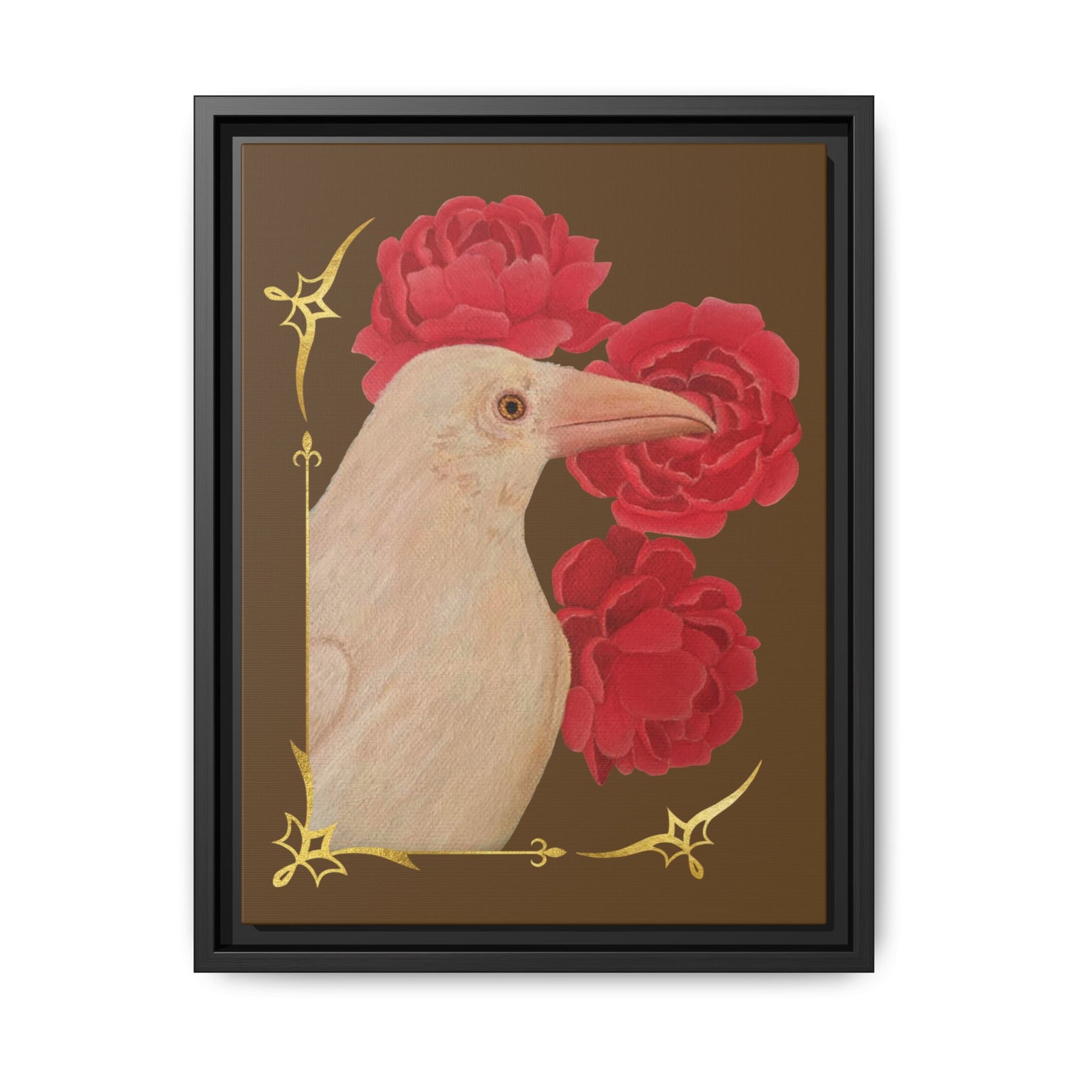 Framed canvas art print of a white raven with red peonies, black frame