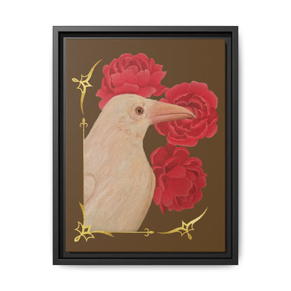 Framed canvas art print of a white raven with red peonies, black frame