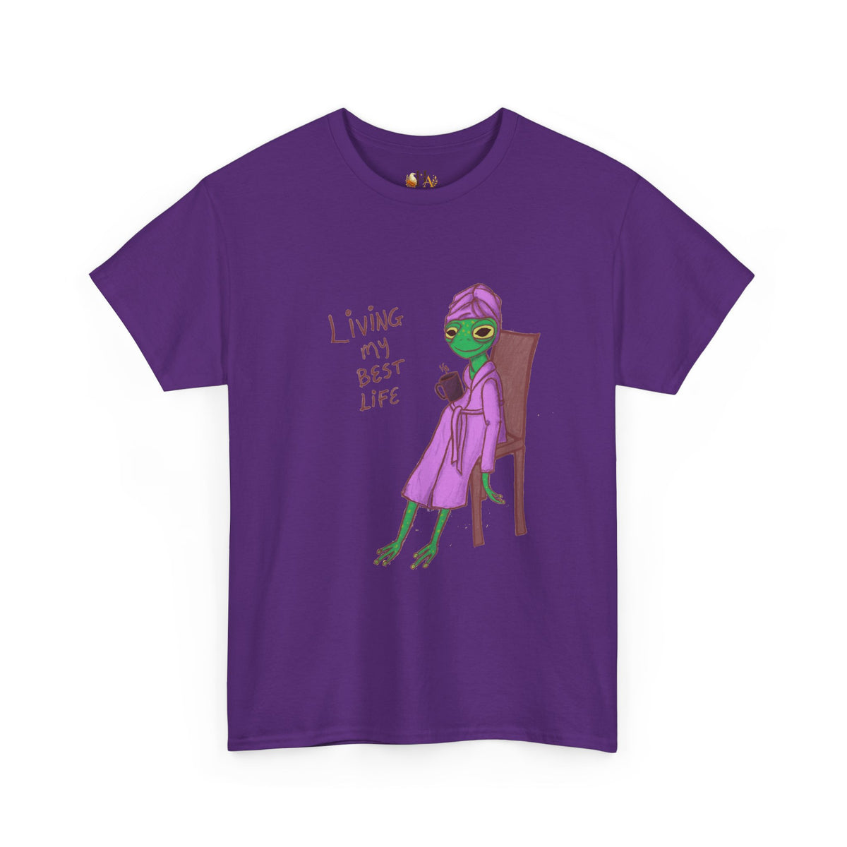 Purple graphic t-shirt with purple alien-girl character and &