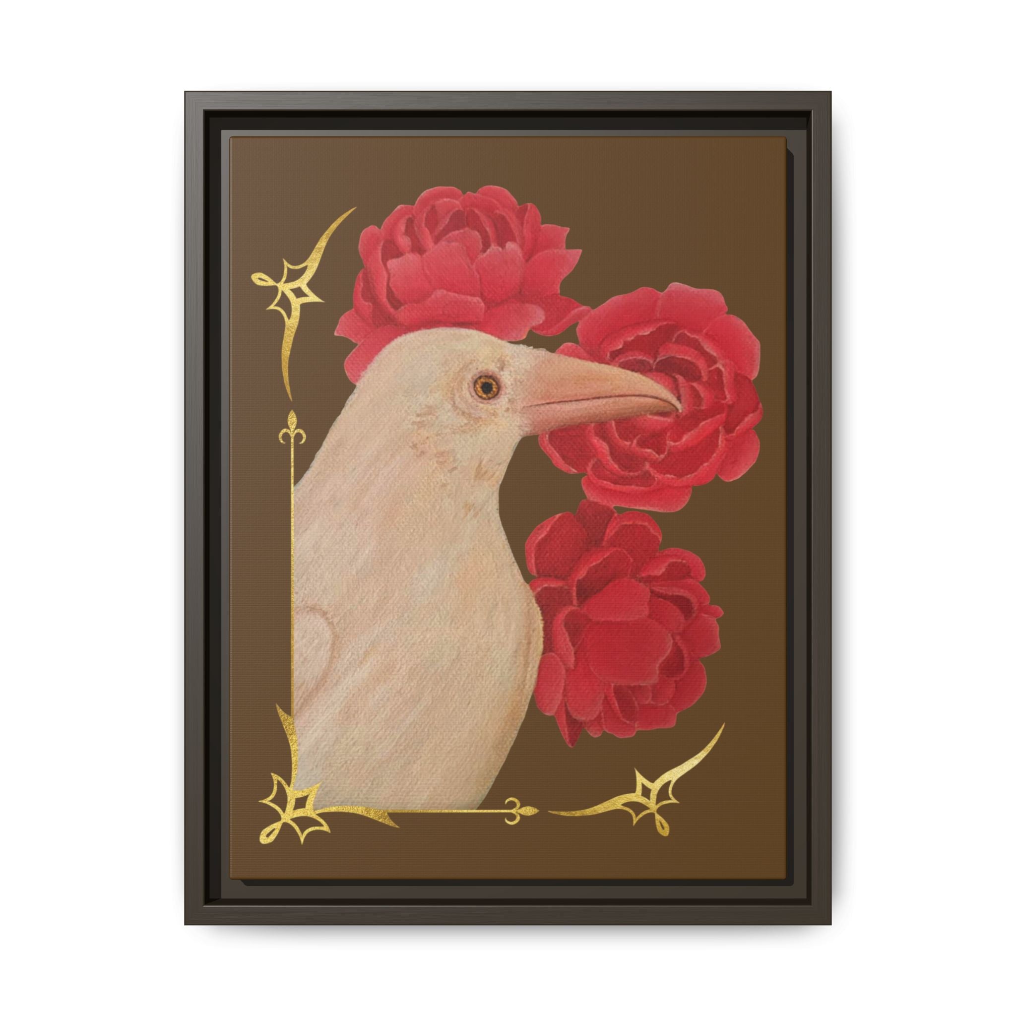 Framed canvas art print of a white raven with red peonies, dark gray frame