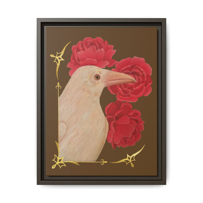 Framed canvas art print of a white raven with red peonies, dark gray frame