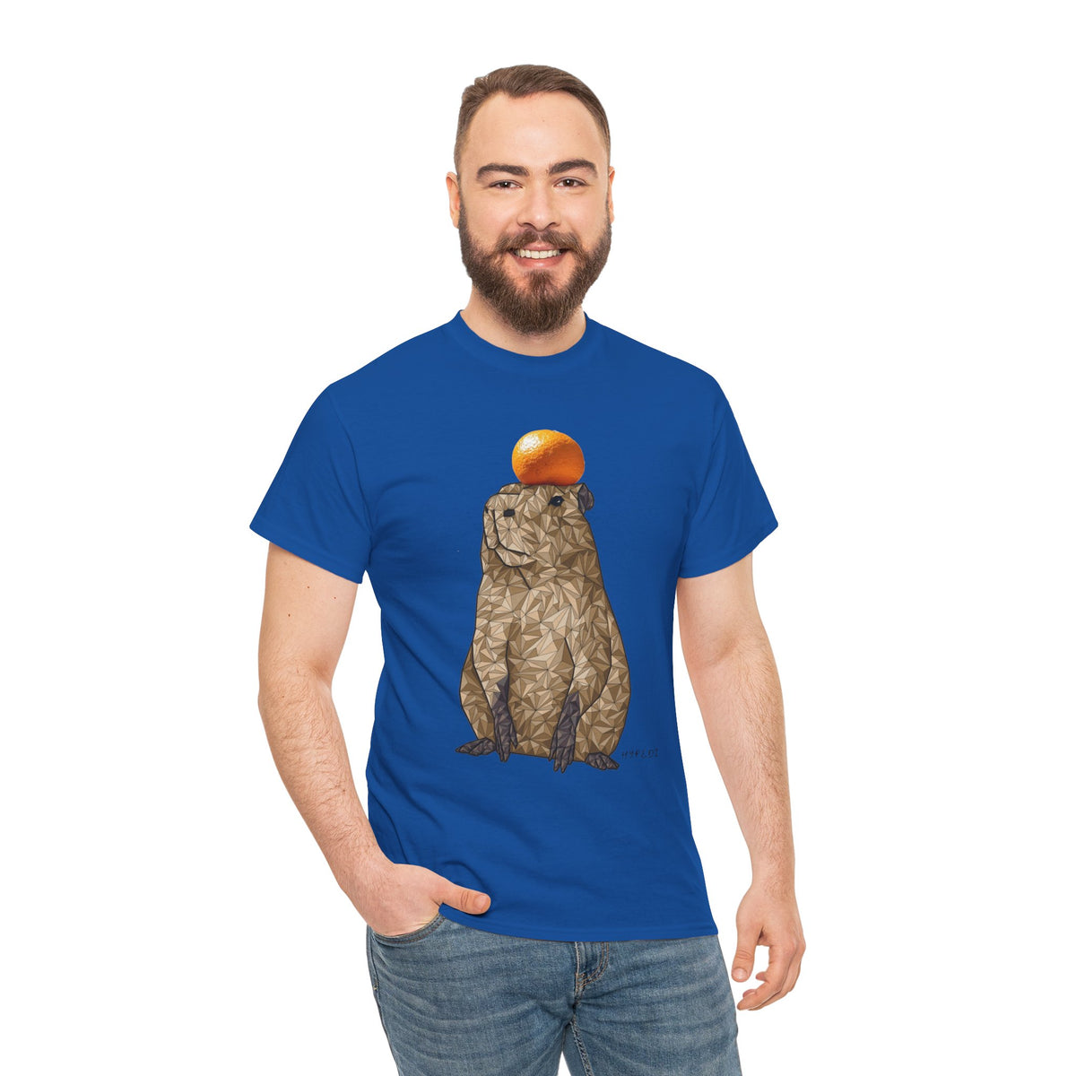 Unisex heavy cotton T-shirt, navy blue, capybara graphic with orange on chest