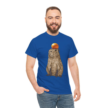 Unisex heavy cotton T-shirt, navy blue, capybara graphic with orange on chest
