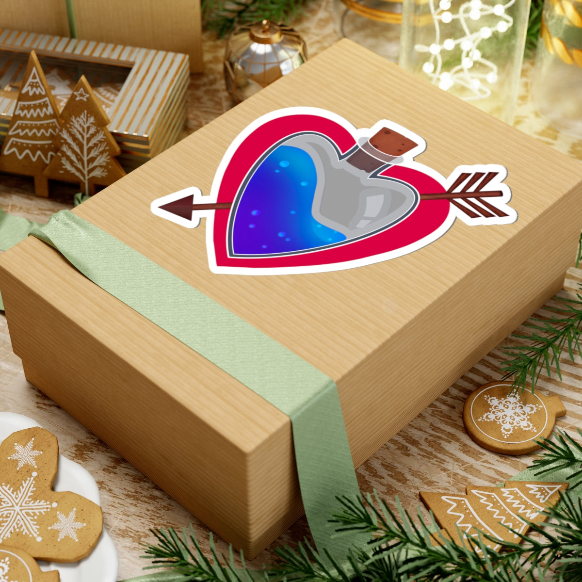 Heart potion sticker on a gift box with green ribbon, blue liquid flask and red outline