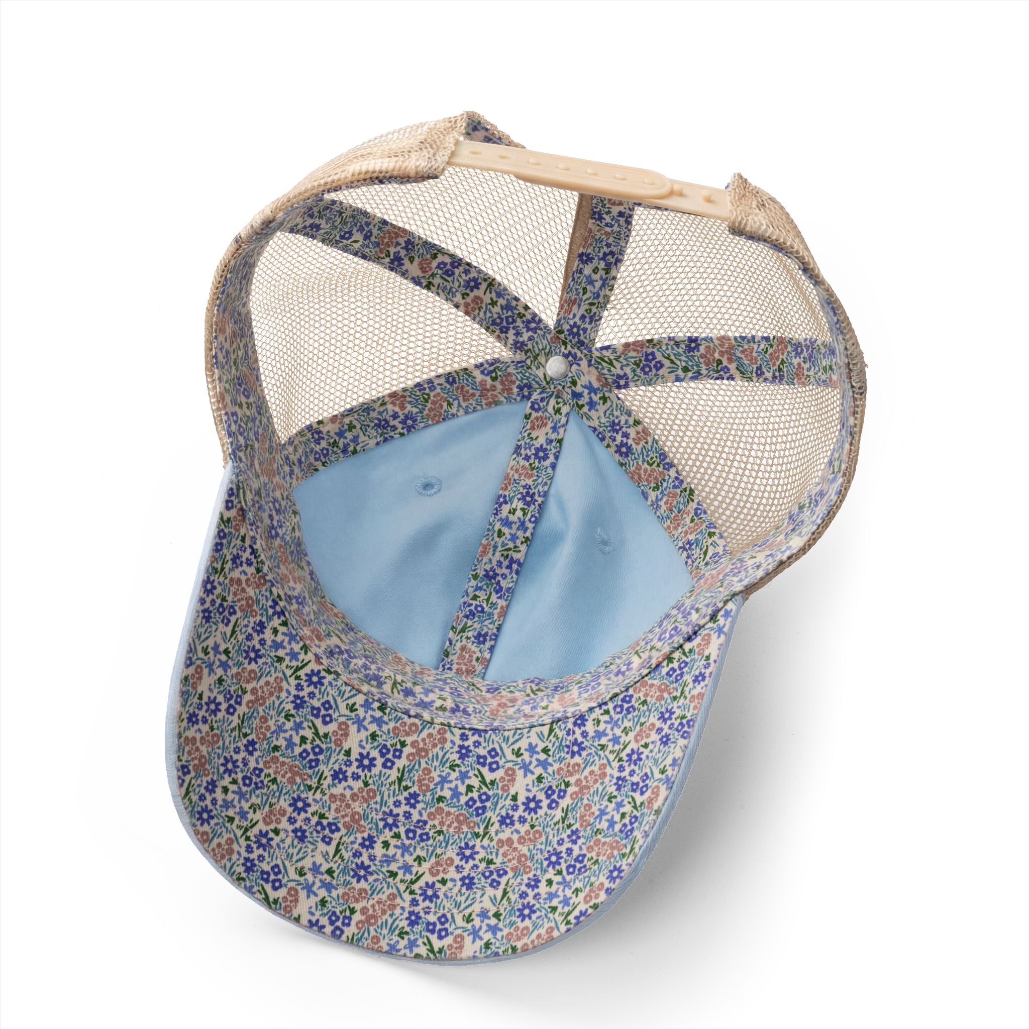 Washed mesh-back cap with floral patchwork panels and mesh back