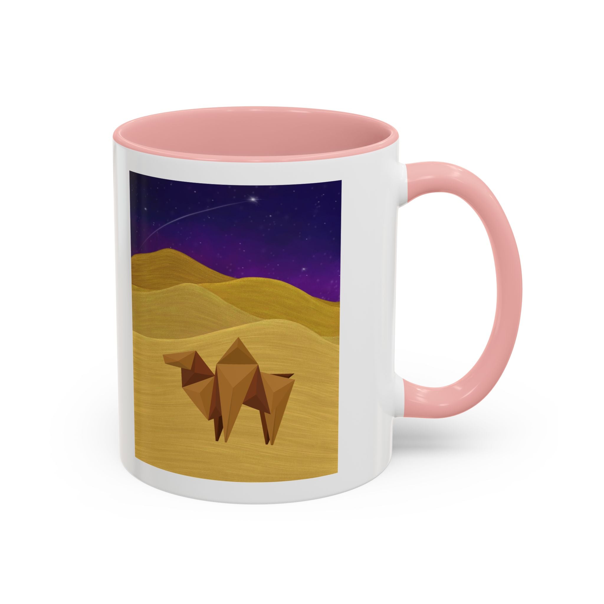 White coffee mug with pink rim and handle, desert-night camel graphic on front