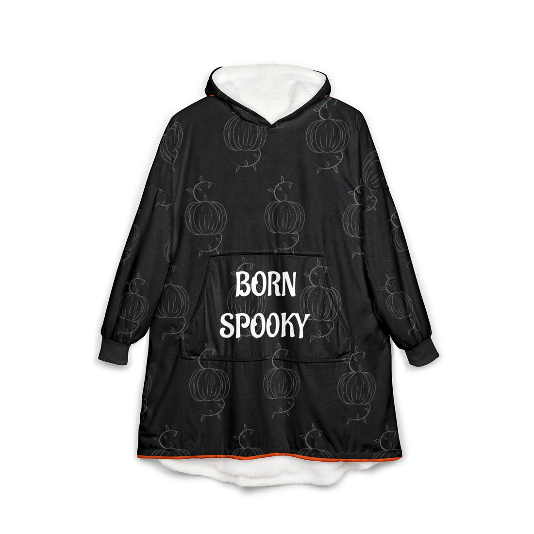 Black hooded blanket with pumpkin motif, front pocket, and "BORN SPOOKY" text