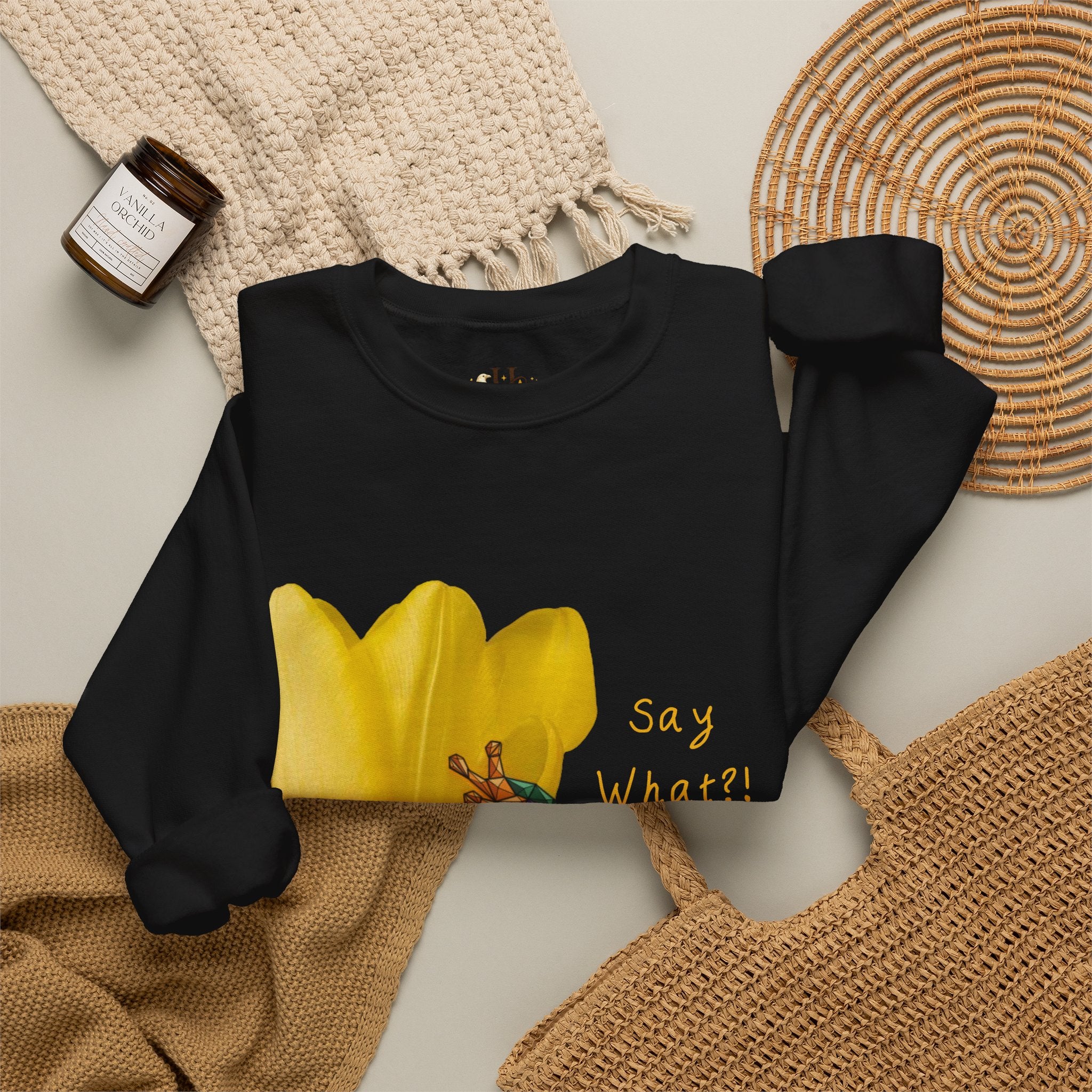 Black crewneck sweatshirt with yellow frog tulip graphic and &