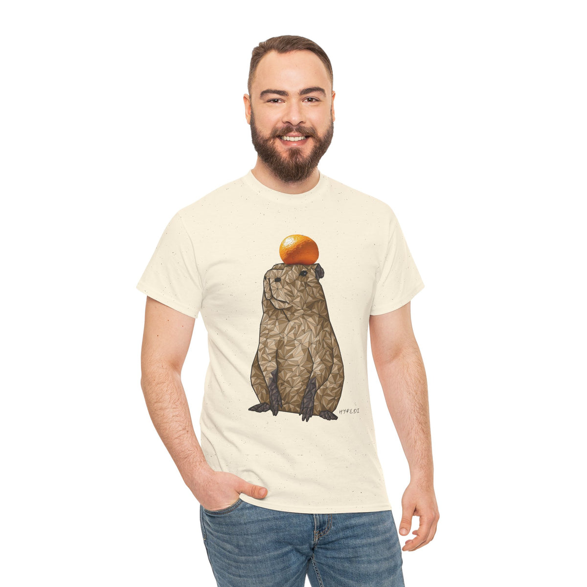 Off-white unisex cotton T-shirt with capybara graphic and orange fruit print