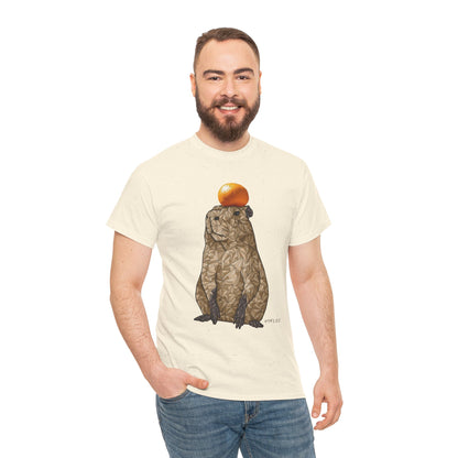 Off-white unisex cotton T-shirt with capybara graphic and orange fruit print