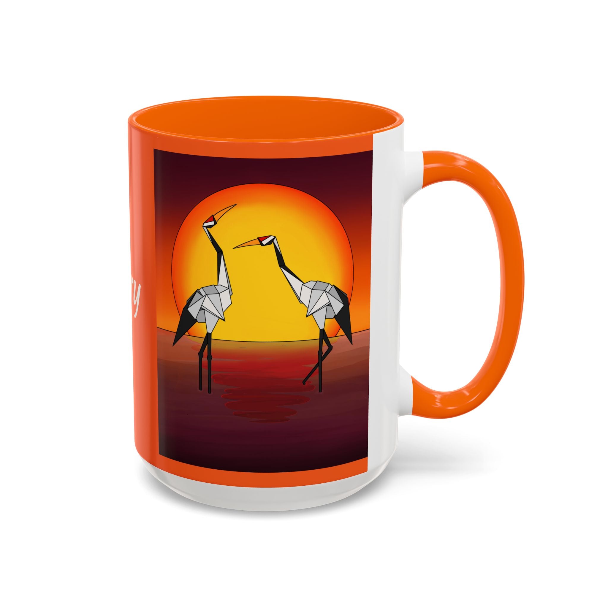 Orange coffee mug with origami crane sunset print and white interior, front view.