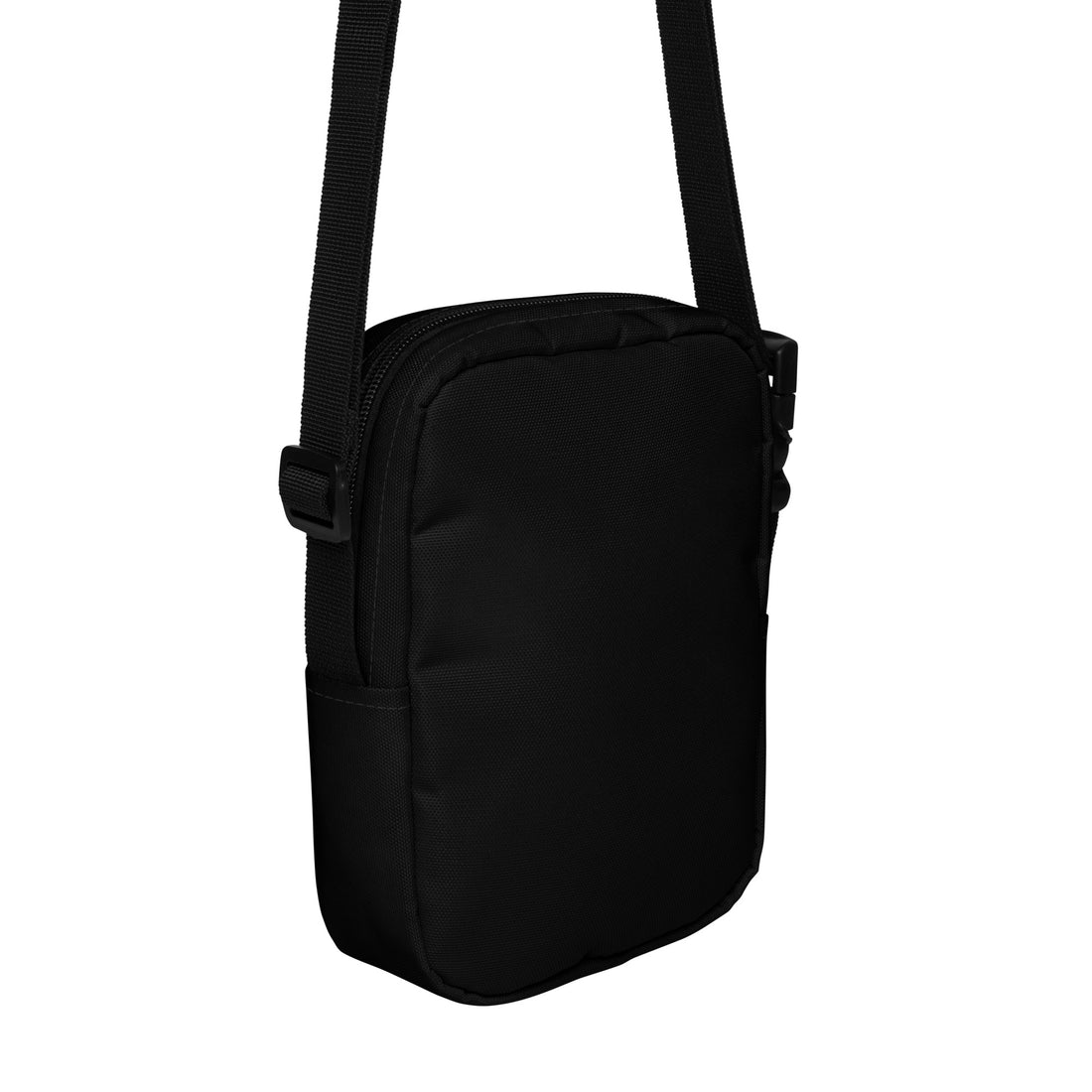 Black utility crossbody bag with adjustable strap, solid back panel