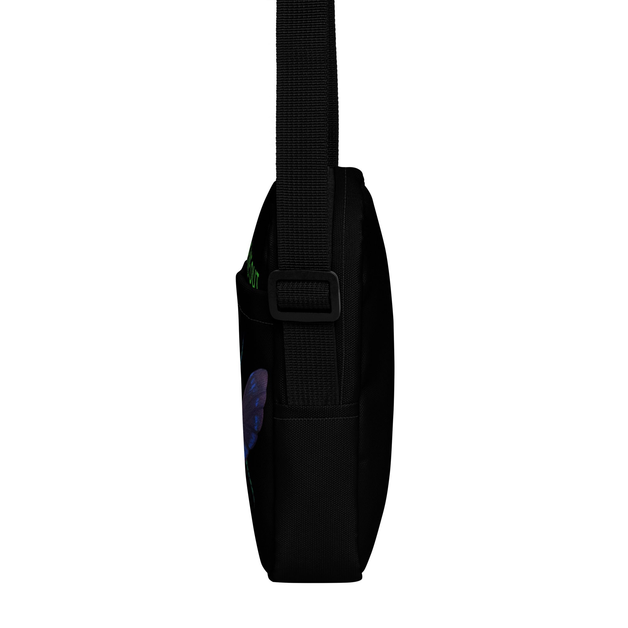 Black utility crossbody bag side view with adjustable strap and front buckle