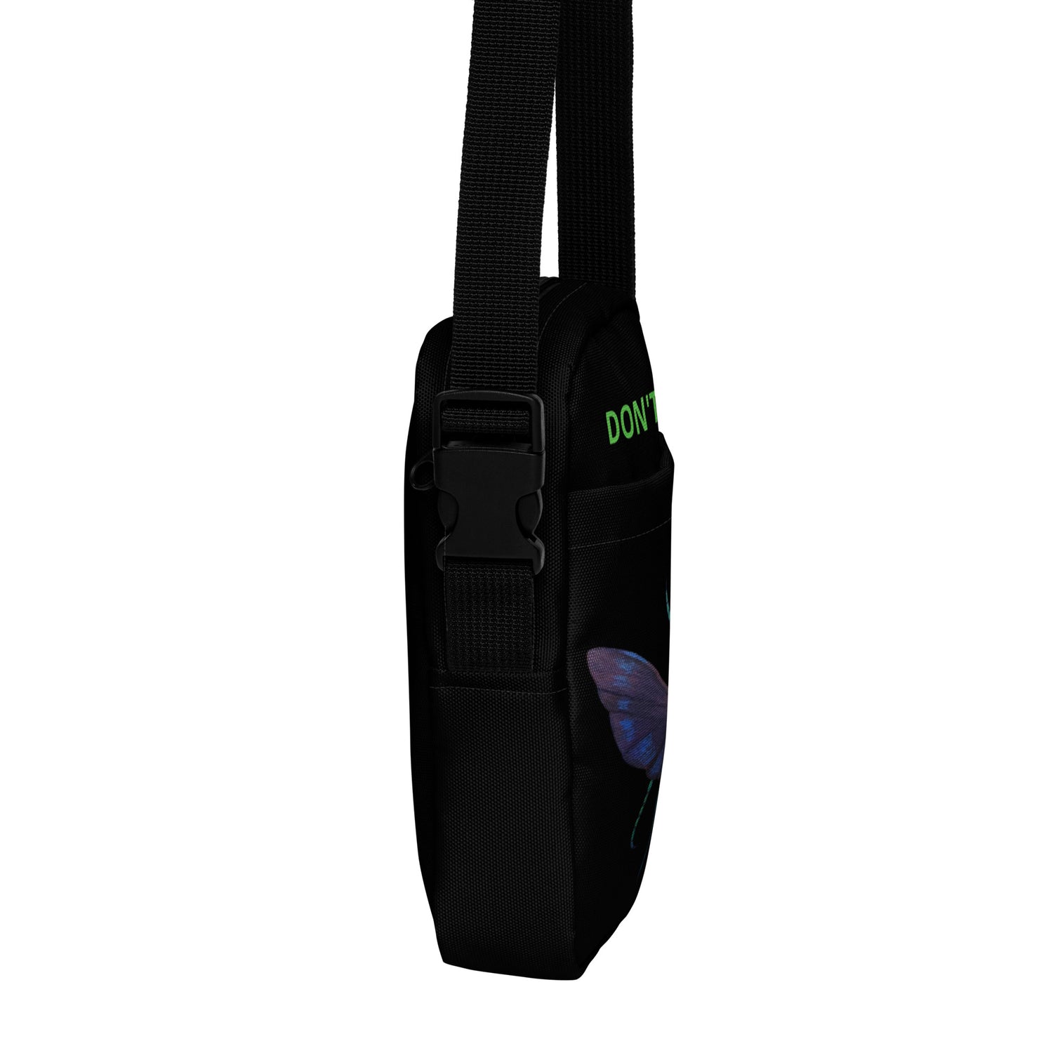 Black utility crossbody bag, adjustable strap, front pocket and logo patch