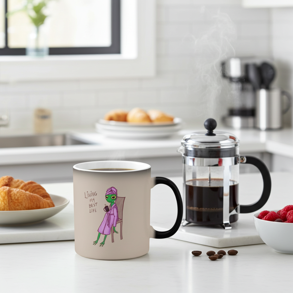 White mug with black handle and purple frog illustration with &